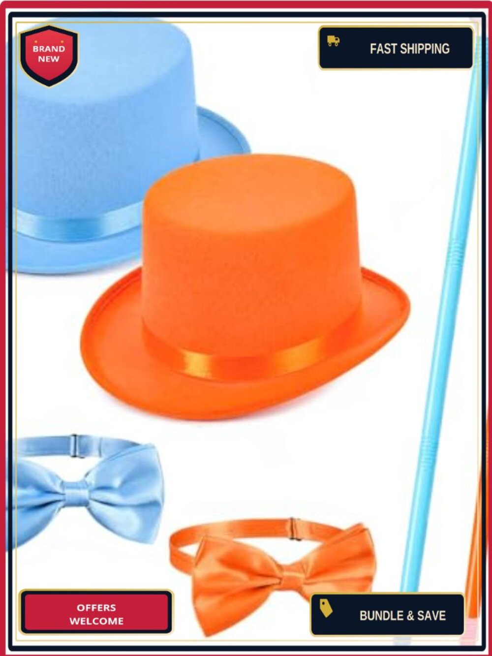 2 Set 90s Costume Accessory Kit Top Hats Canes Bow Ties Gloves